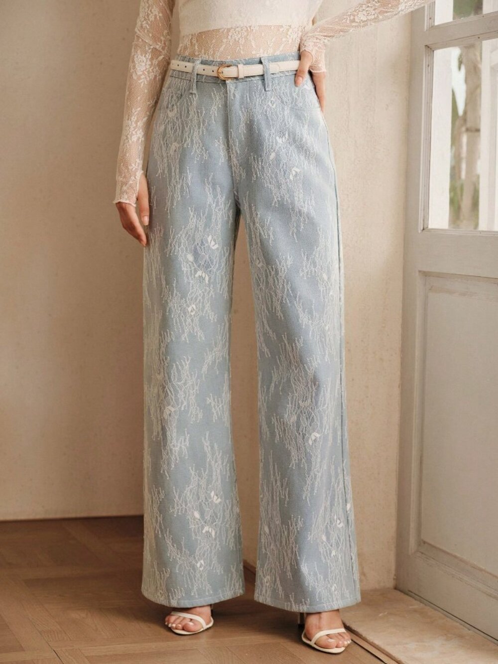 Blue Casual Women's High Waist Wide Leg Lace Denim Jeans - Picture 4 of 6
